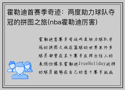 霍勒迪首赛季奇迹：两度助力球队夺冠的拼图之旅(nba霍勒迪厉害)