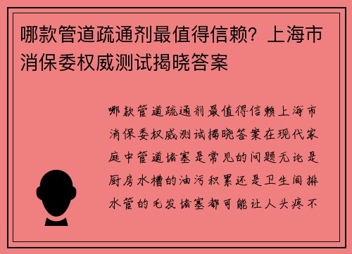 哪款管道疏通剂最值得信赖？上海市消保委权威测试揭晓答案