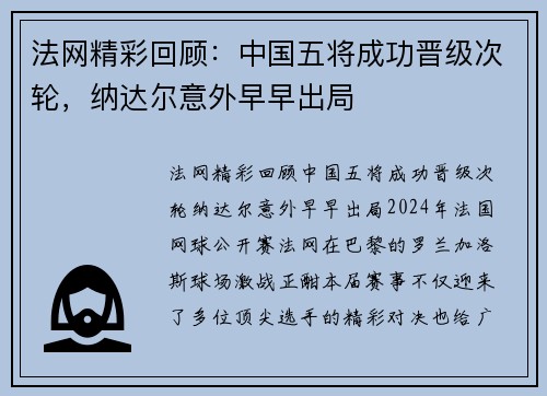 法网精彩回顾：中国五将成功晋级次轮，纳达尔意外早早出局