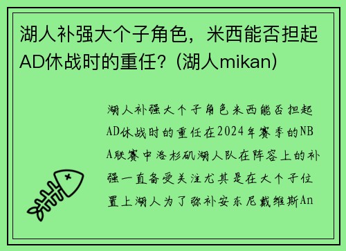 湖人补强大个子角色，米西能否担起AD休战时的重任？(湖人mikan)