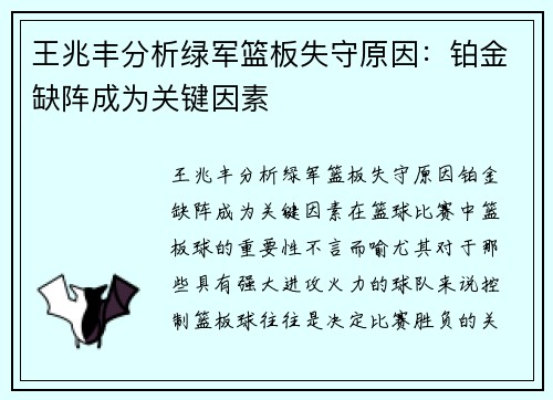 王兆丰分析绿军篮板失守原因：铂金缺阵成为关键因素