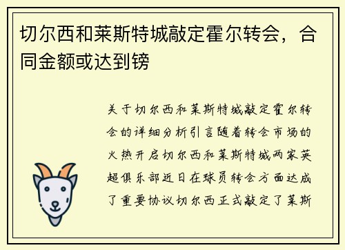 切尔西和莱斯特城敲定霍尔转会，合同金额或达到镑