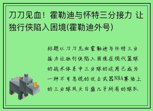 刀刀见血！霍勒迪与怀特三分接力 让独行侠陷入困境(霍勒迪外号)