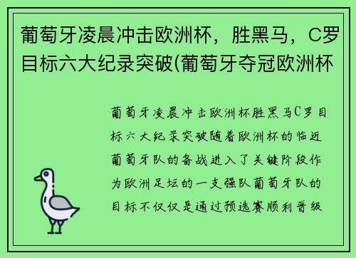 葡萄牙凌晨冲击欧洲杯，胜黑马，C罗目标六大纪录突破(葡萄牙夺冠欧洲杯c罗封神)